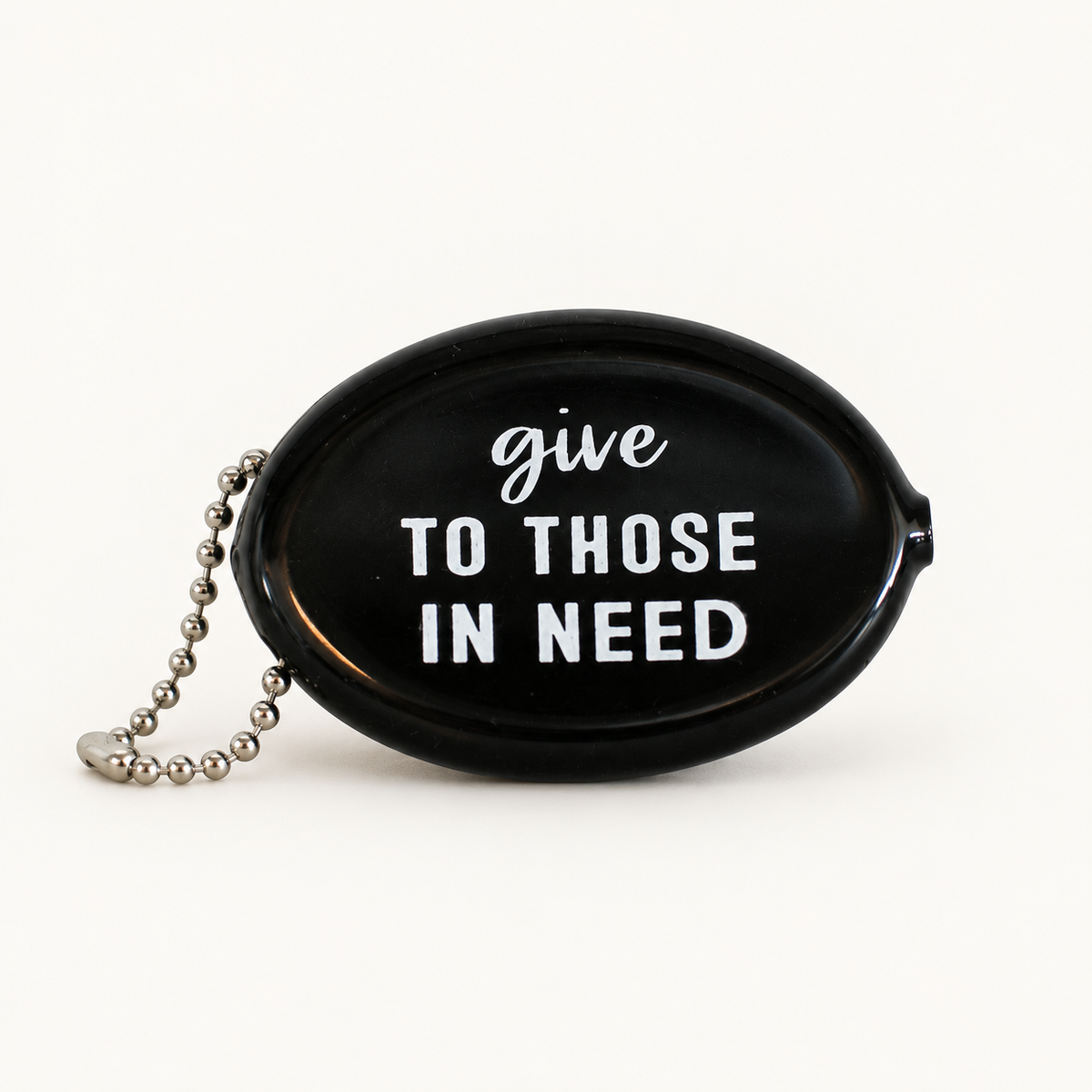 Black coin pouch with Give to Those in Need message, front view