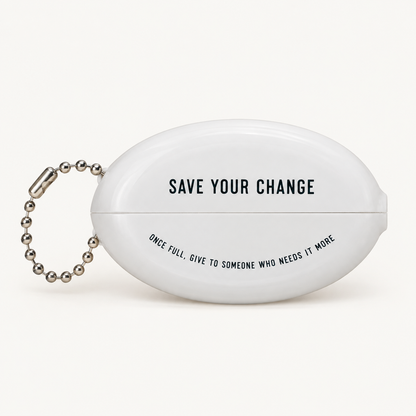 Back of heritage coin pouch: Save Your Change; Once Full, Give to Someone Who Needs It More