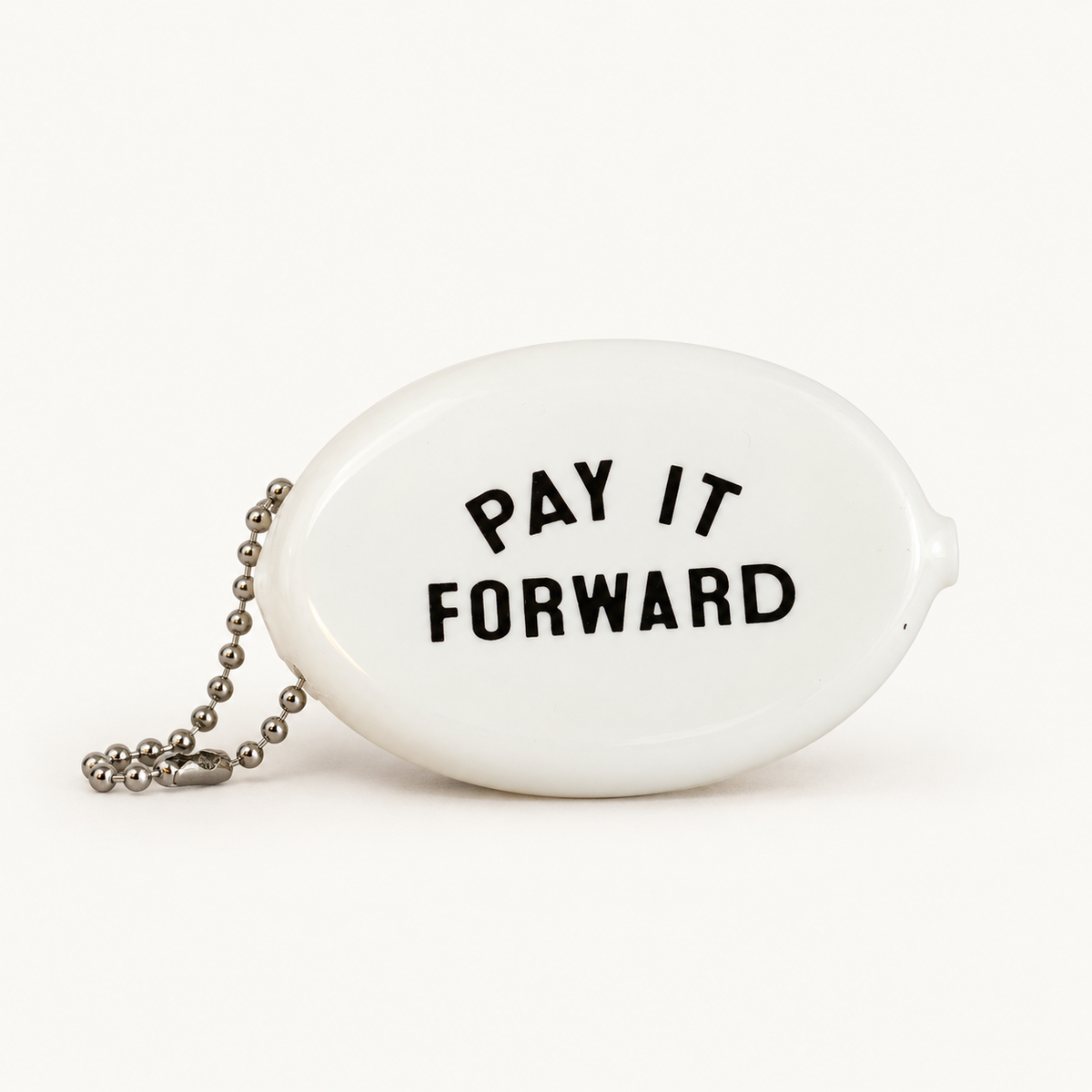 White coin pouch with Pay It Forward message, front view