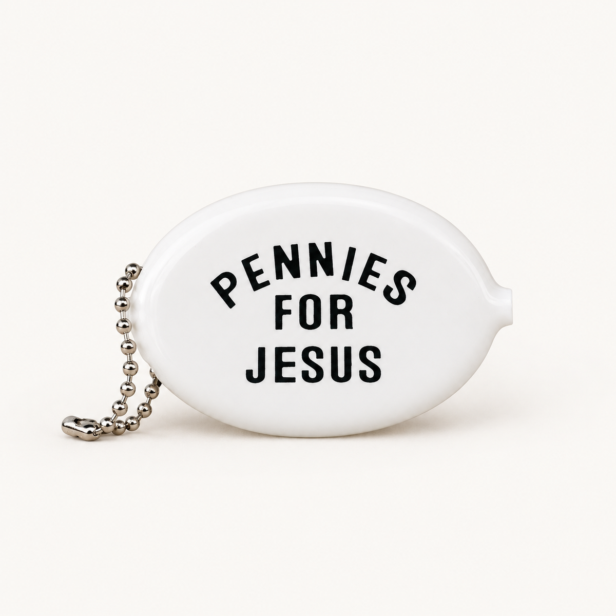 White coin pouch with Pennies for Jesus message, front view