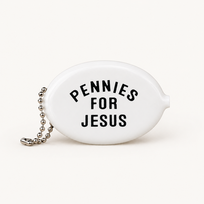 White coin pouch with Pennies for Jesus message, front view