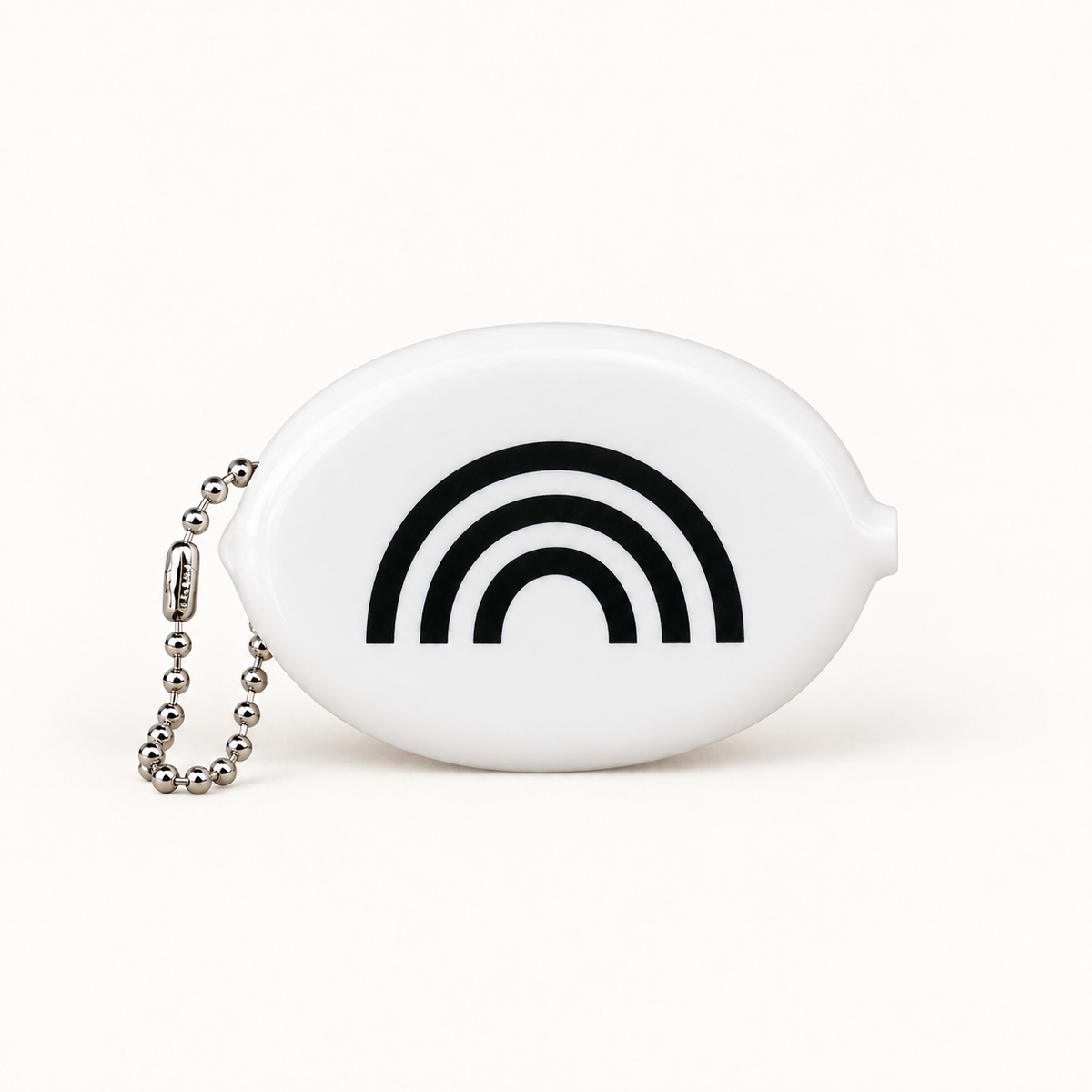 White Modern Burlap coin pouch with Rainbow design and silver ball chain, front studio view.