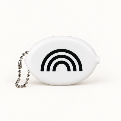 White Modern Burlap coin pouch with Rainbow design and silver ball chain, front studio view.