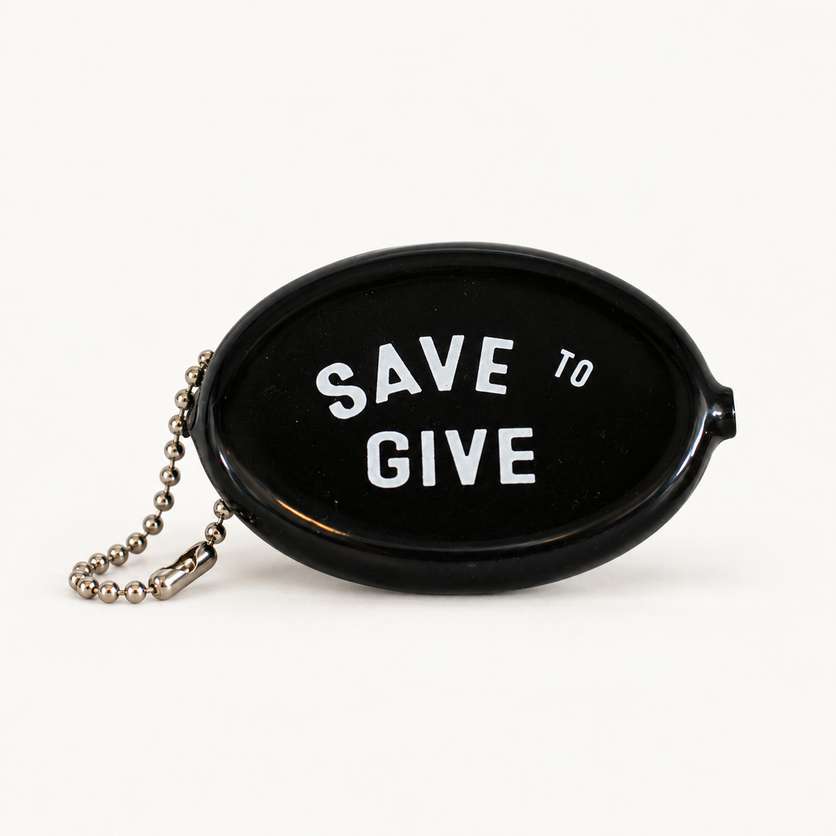 Black coin pouch with Save to Give message, front view