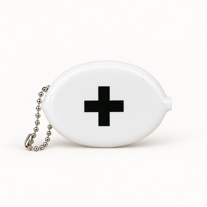 White Modern Burlap coin pouch with Swiss Cross design and silver ball chain, front studio view.