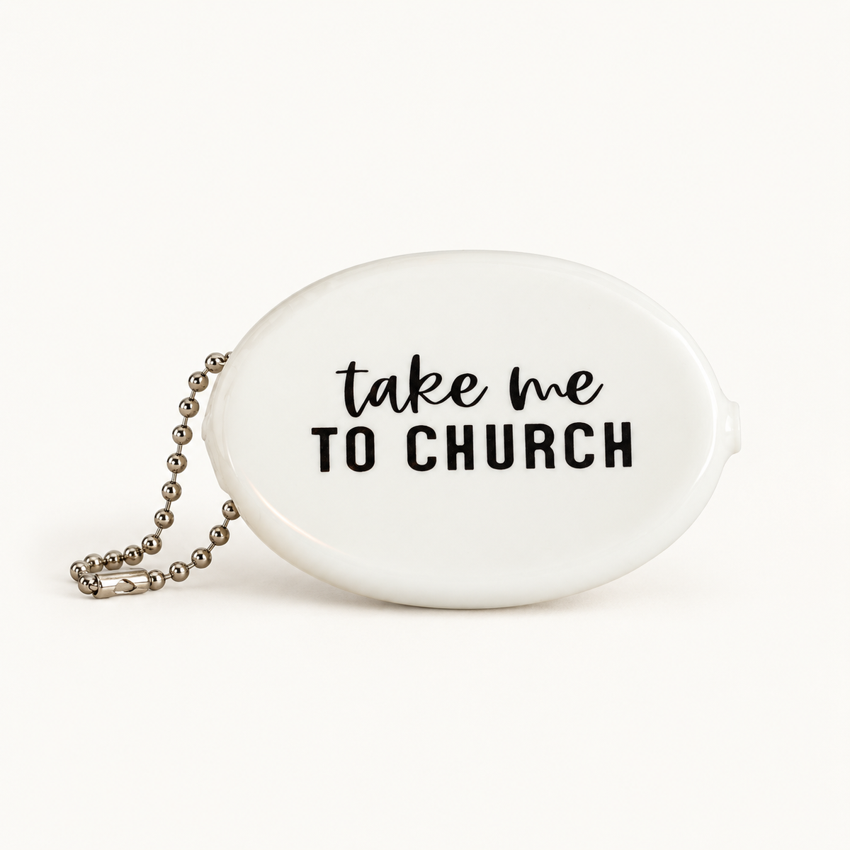White coin pouch with Take Me to Church message, front view