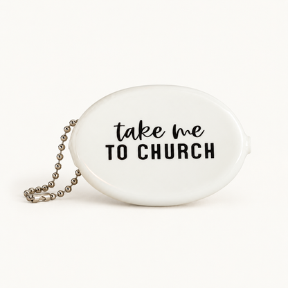 White coin pouch with Take Me to Church message, front view