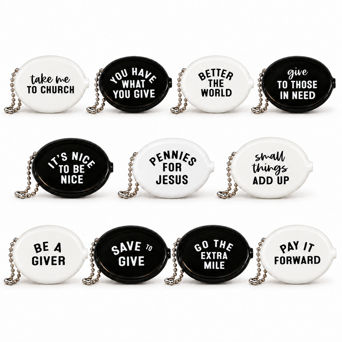 Eleven black and white Modern Burlap coin pouch message designs shown together; pouches sold individually.