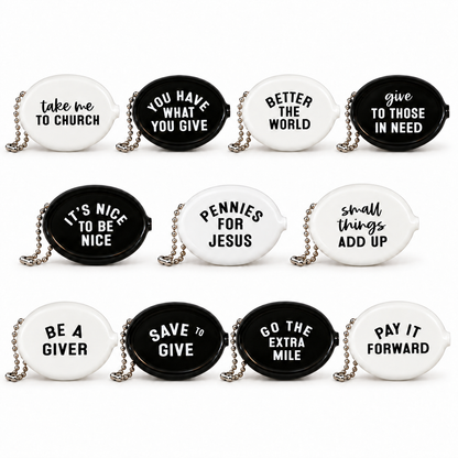 Eleven black and white Modern Burlap coin pouch message designs shown together; pouches sold individually.