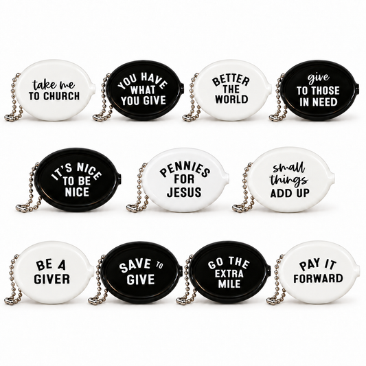 Eleven black and white Modern Burlap coin pouch message designs shown together; pouches sold individually.