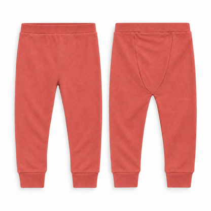 Organic Cozy Pants in aragon, front and back studio views on white.