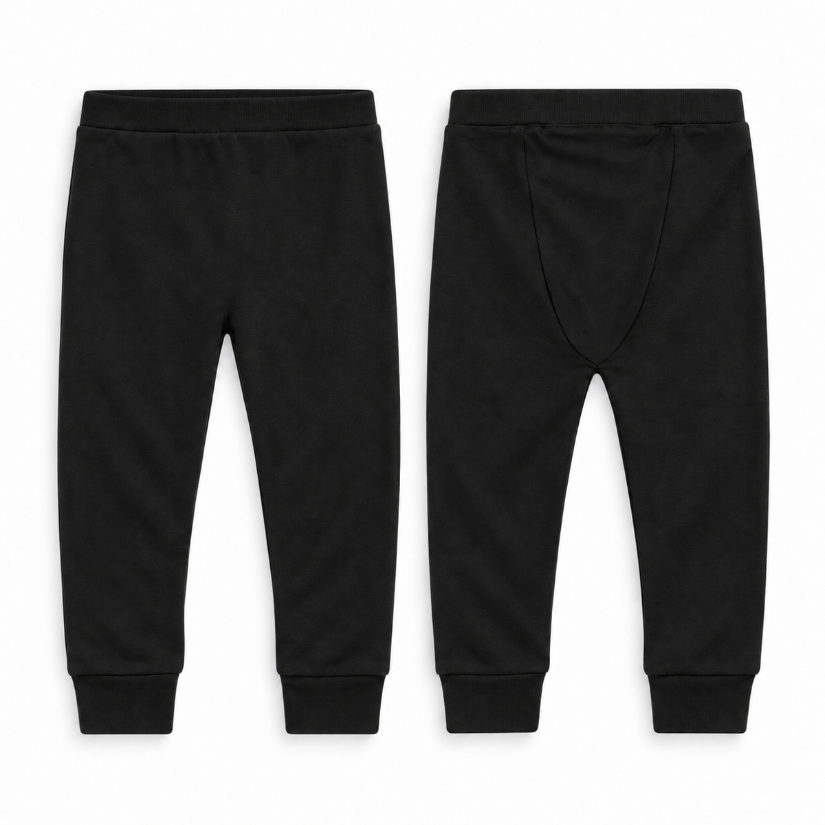 Organic Cozy Pants in black, front and back studio views on white.