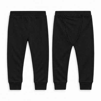 Organic Cozy Pants in black, front and back studio views on white.