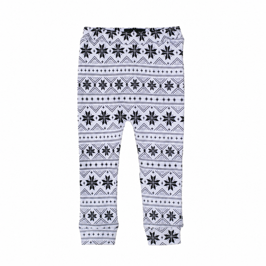 Modern Burlap Black on White Nordic Winter organic Cozy Pants, complete front view on white without a hanger.