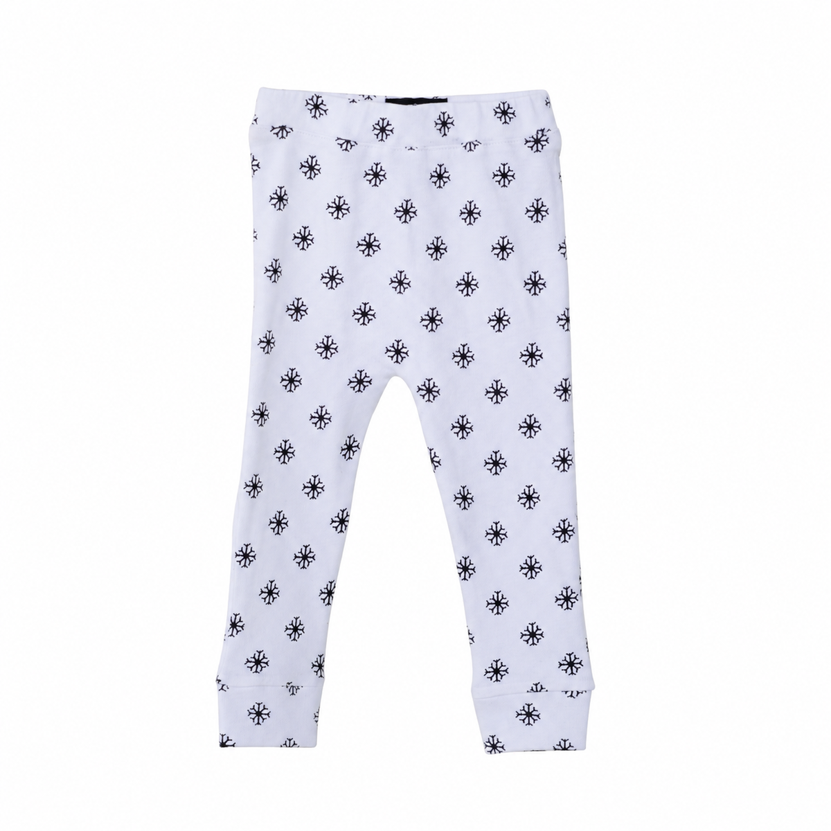 Modern Burlap Black on White Snowflakes organic Cozy Pants, complete front view on white without a hanger.