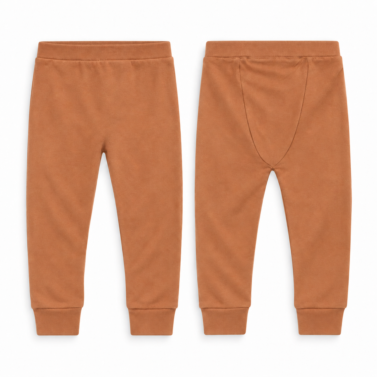Organic Cozy Pants in ginger, front and back studio views on white.