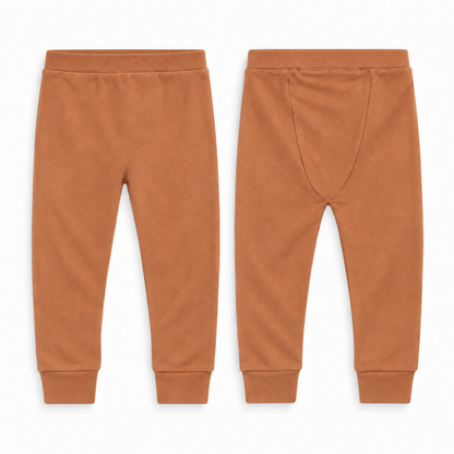 Organic Cozy Pants in ginger, front and back studio views on white.