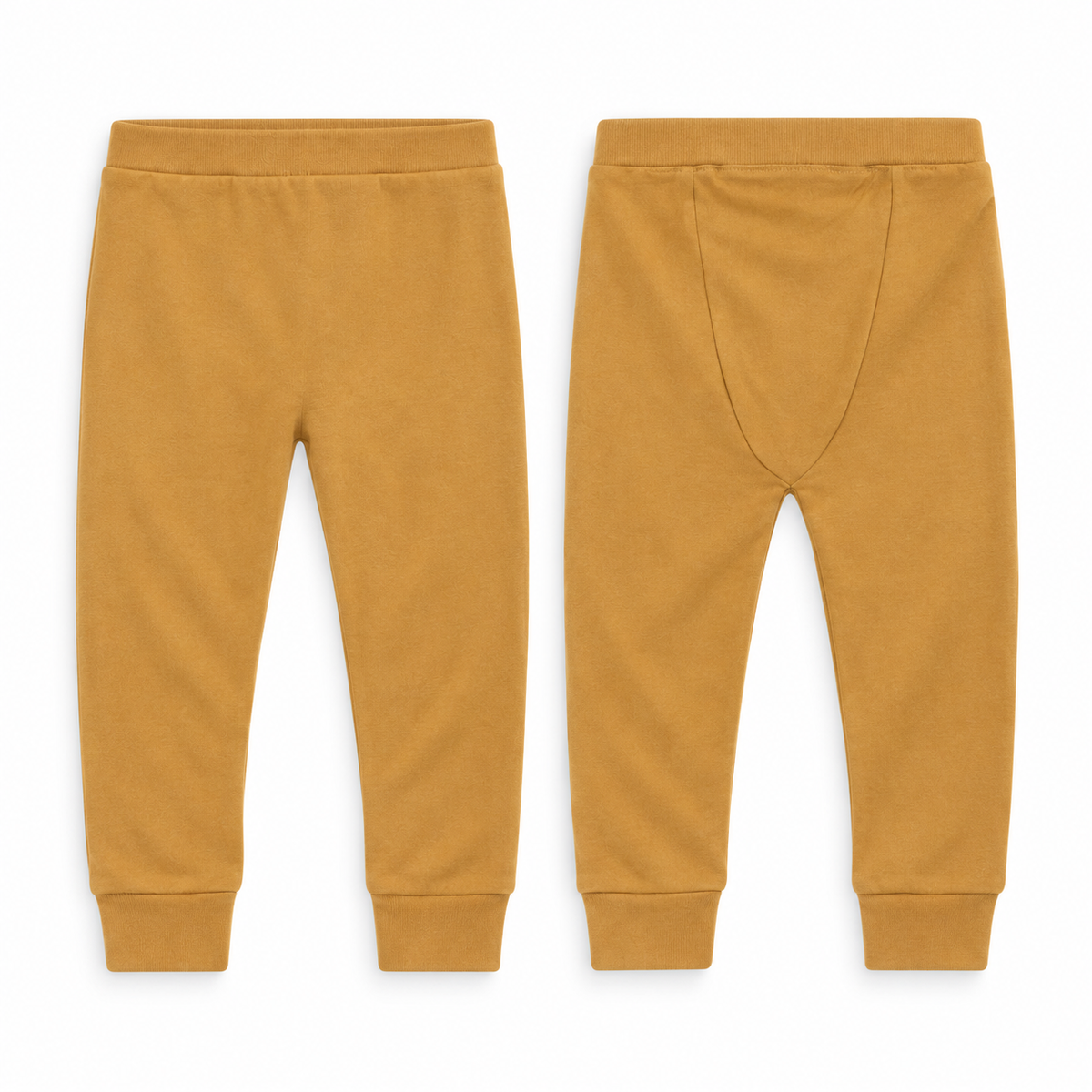 Organic Cozy Pants in Honey, front and back views showing the curved rear seat panel on white.