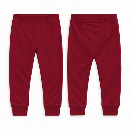 Organic Cozy Pants in maroon, front and back studio views on white.