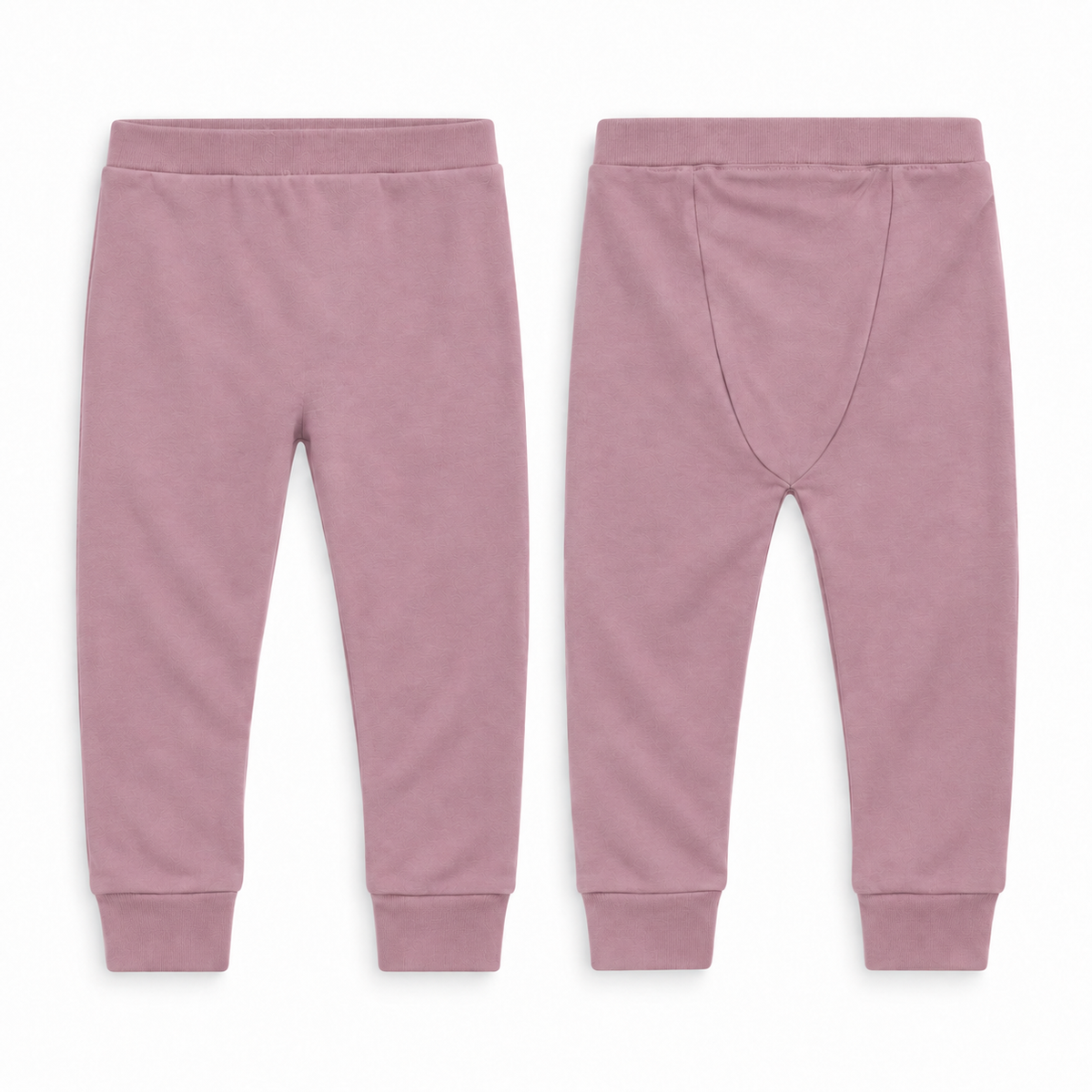 Organic Cozy Pants in mauve, front and back studio views on white.