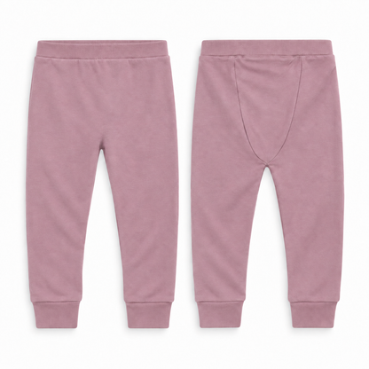 Organic Cozy Pants in mauve, front and back studio views on white.