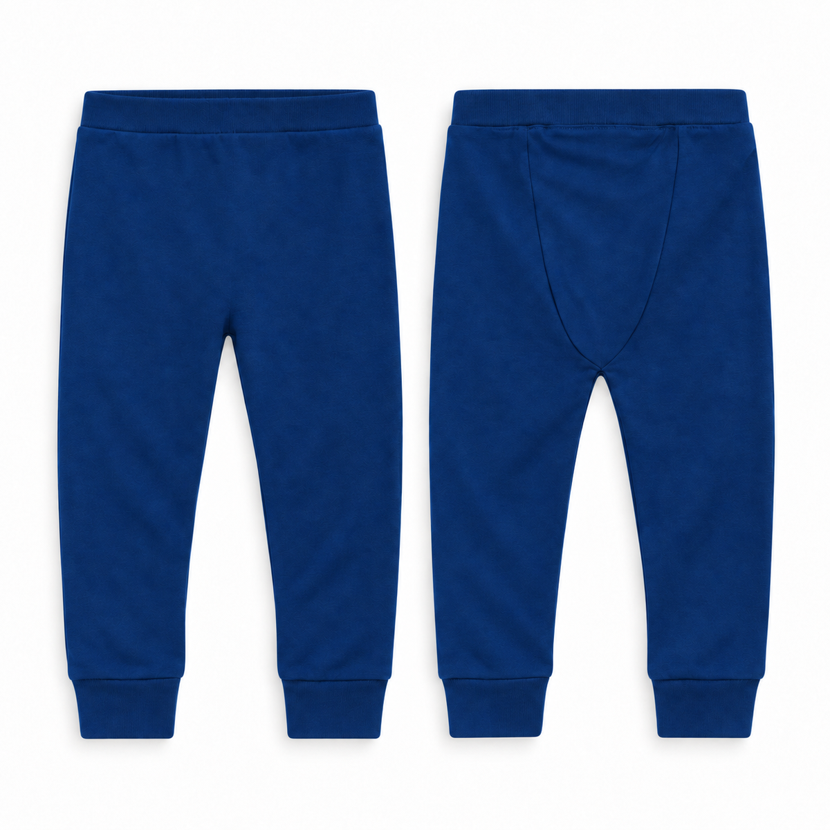 Organic Cozy Pants in navy peony, front and back studio views on white.