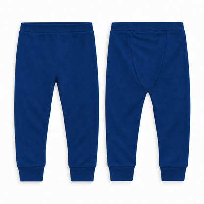 Organic Cozy Pants in navy peony, front and back studio views on white.