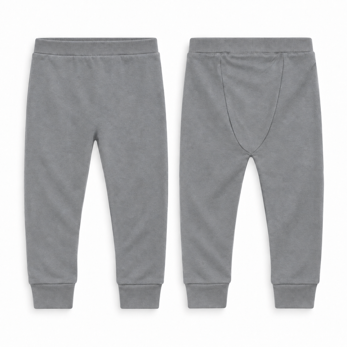 Organic Cozy Pants in neutral gray, front and back studio views on white.