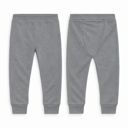 Organic Cozy Pants in neutral gray, front and back studio views on white.