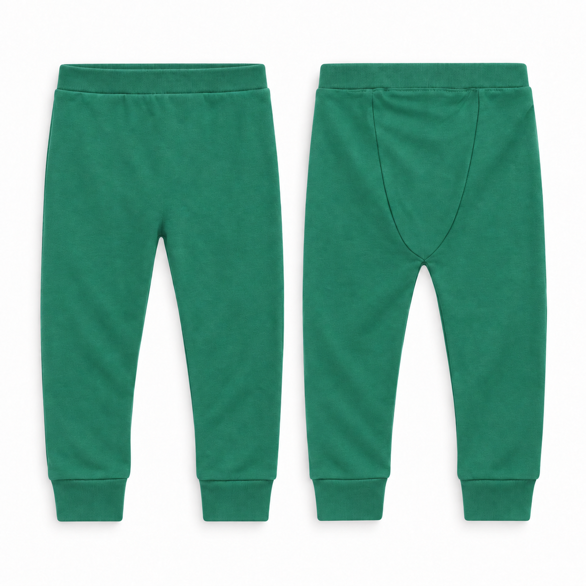 Organic Cozy Pants in pine green, front and back studio views on white.