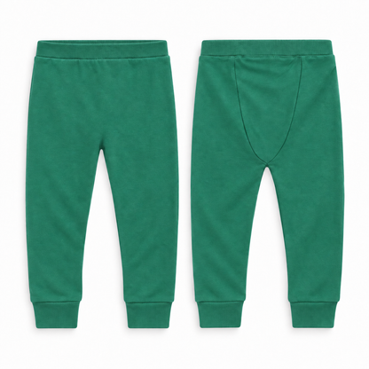 Organic Cozy Pants in pine green, front and back studio views on white.