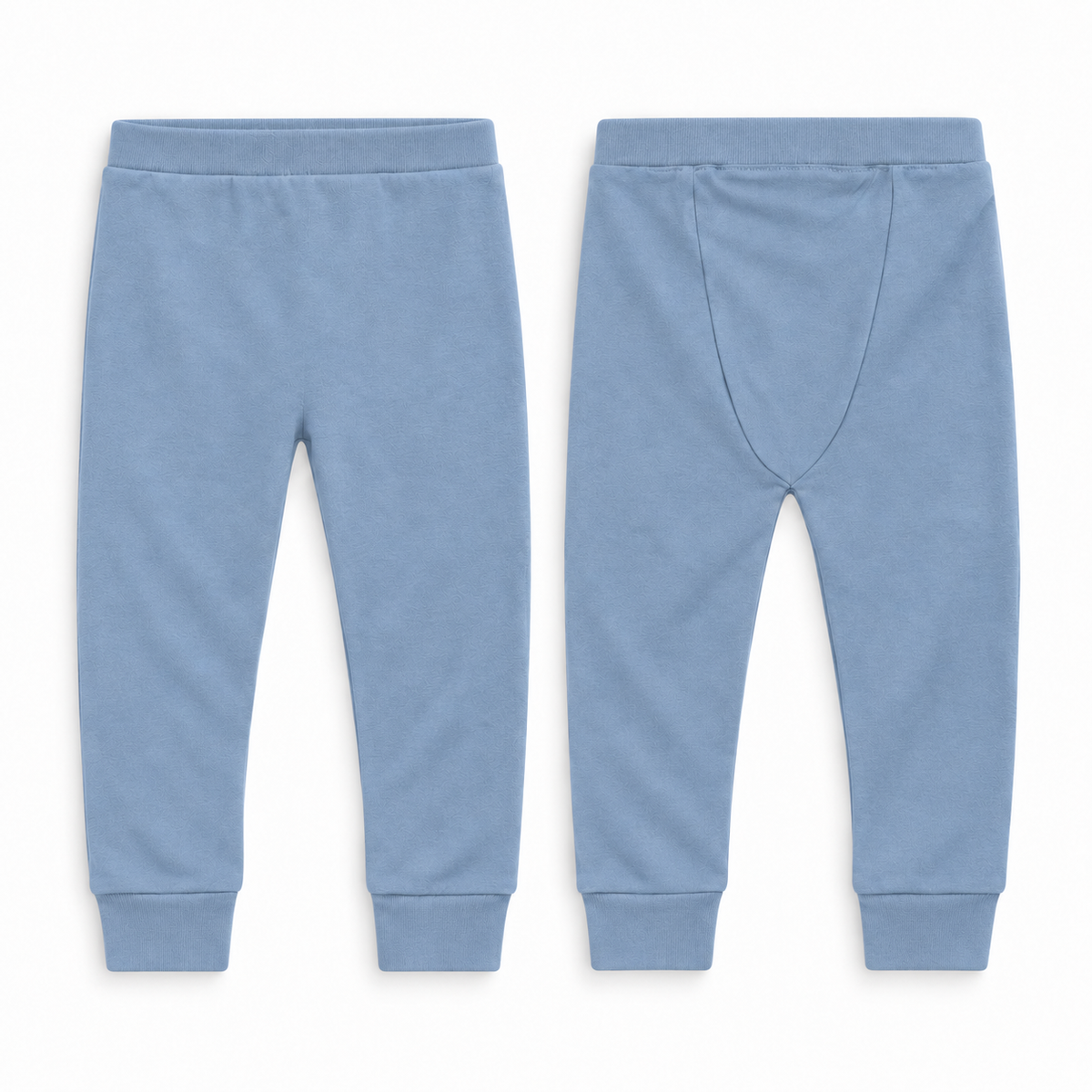 Organic Cozy Pants in tradewinds, front and back studio views on white.