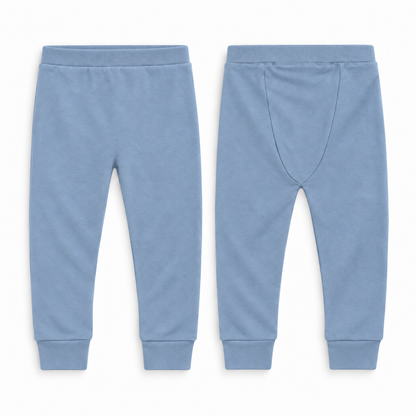 Organic Cozy Pants in tradewinds, front and back studio views on white.