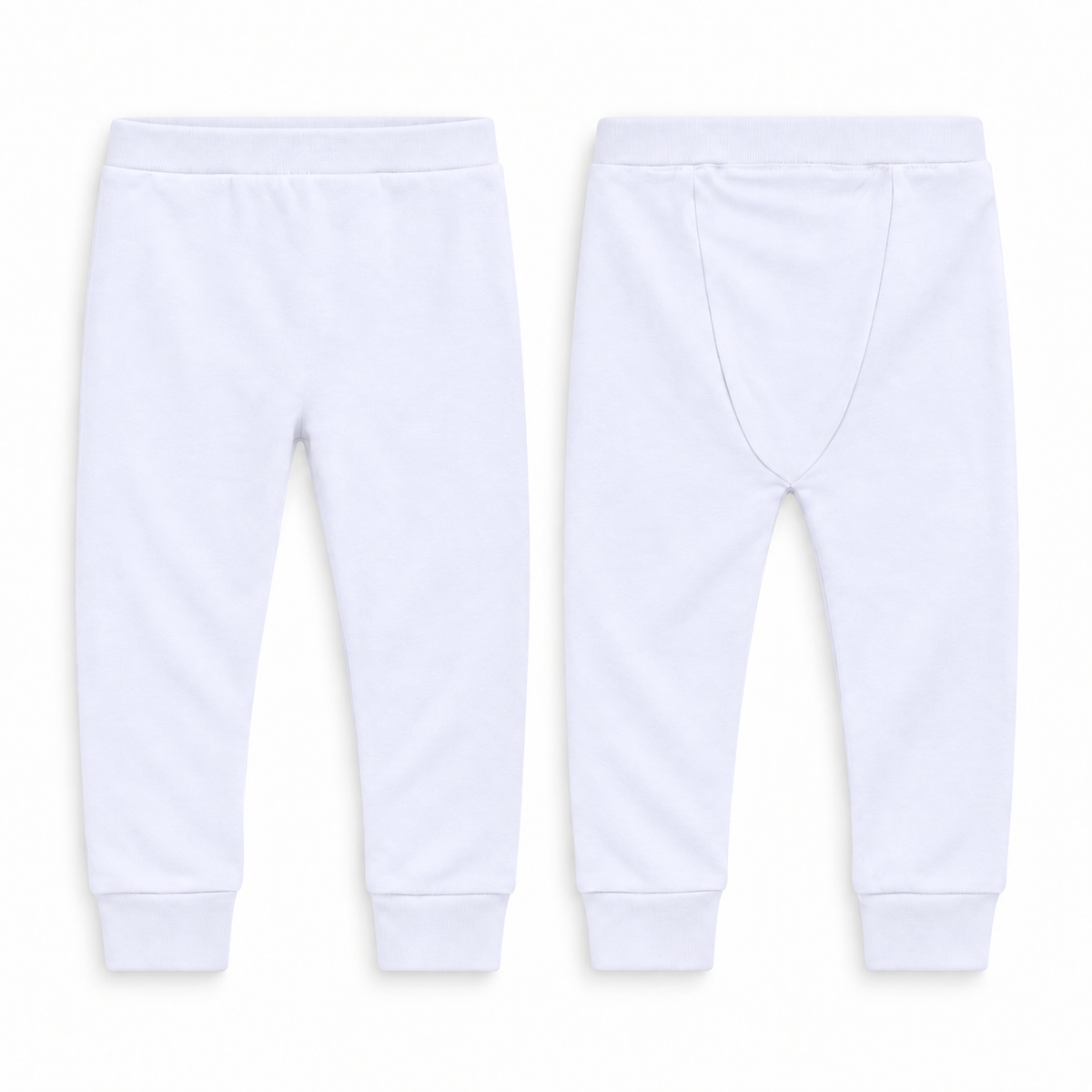 Organic Cozy Pants in white, front and back studio views on white.
