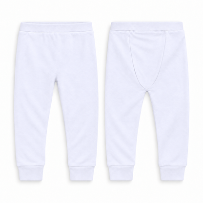 Organic Cozy Pants in white, front and back studio views on white.