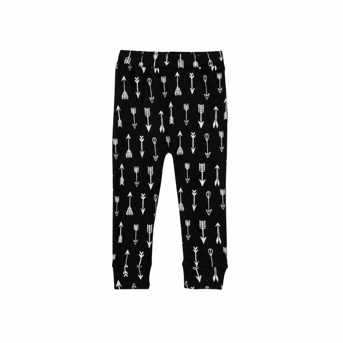 Modern Burlap White on Black Arrows organic Cozy Pants, complete front view on white without a hanger.