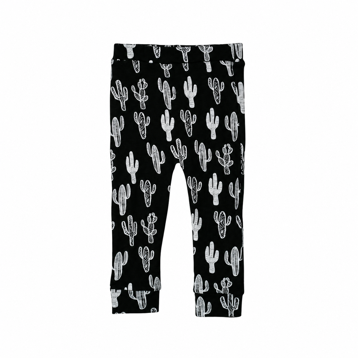 Modern Burlap White on Black Cactus organic Cozy Pants, complete front view on white without a hanger.
