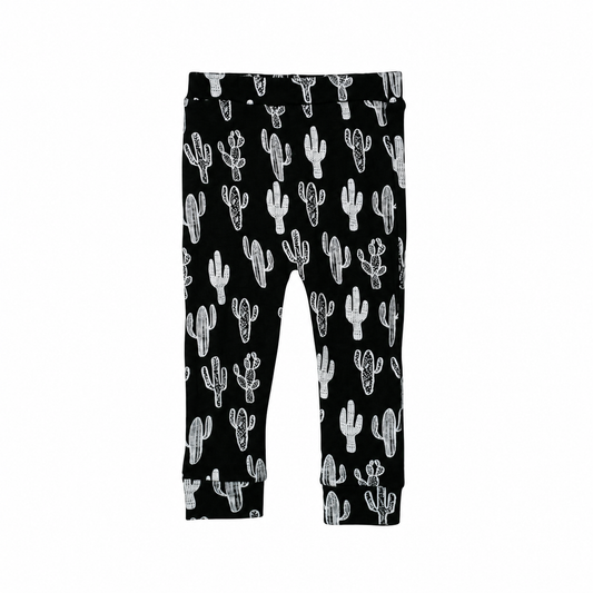 Modern Burlap White on Black Cactus organic Cozy Pants, complete front view on white without a hanger.