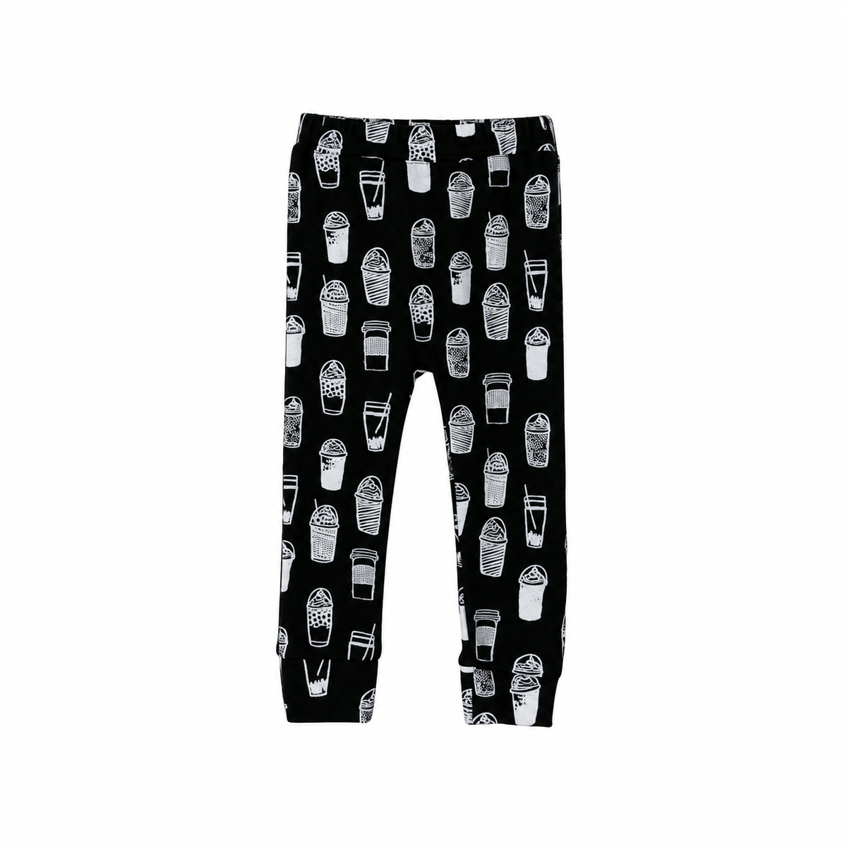 Modern Burlap White on Black Coffee Love organic Cozy Pants, complete front view on white without a hanger.