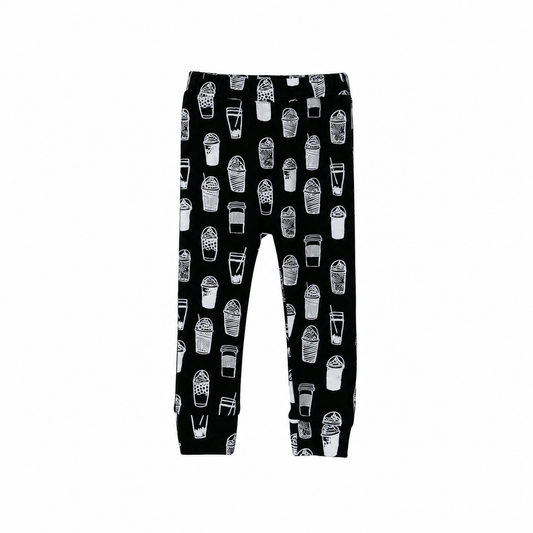 Modern Burlap White on Black Coffee Love organic Cozy Pants, complete front view on white without a hanger.