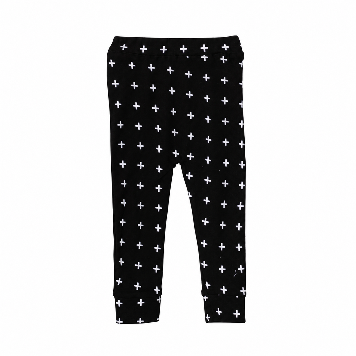 Modern Burlap White on Black Swiss Cross organic Cozy Pants, complete front view on white without a hanger.