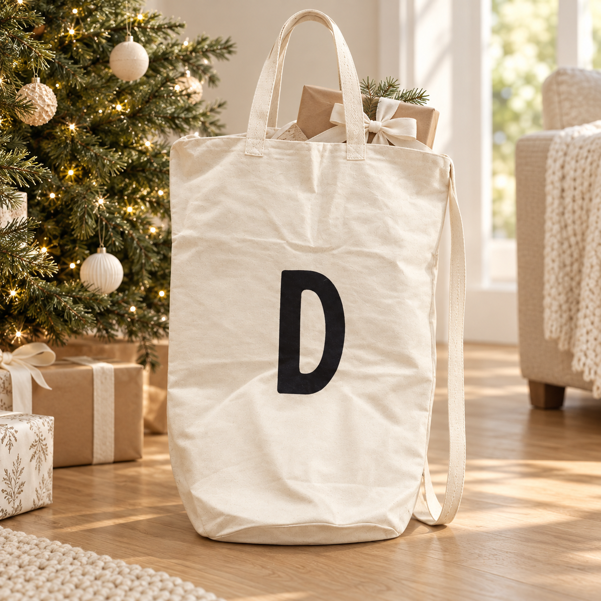 Modern Burlap D initial cotton canvas bag