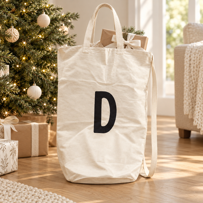 Modern Burlap D initial cotton canvas bag