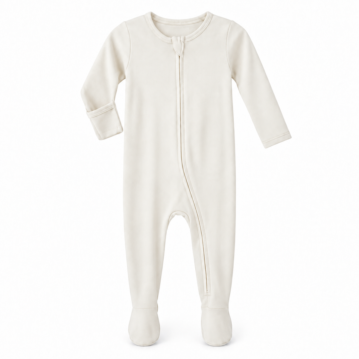 Eggnog organic zip footie on white, with one sleeve turned to show the underside fold-over hand cover.