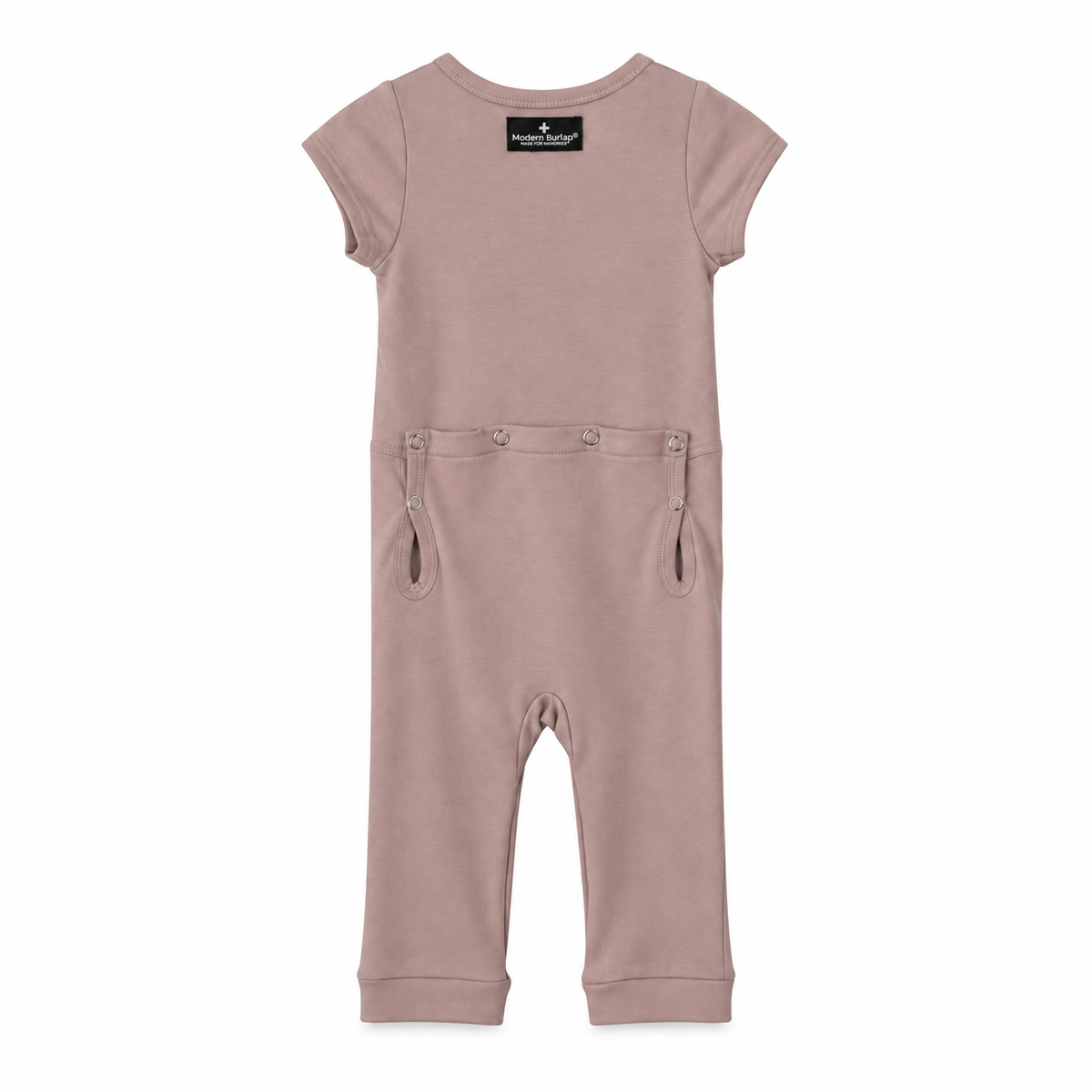 Modern Burlap organic short sleeve Explorer Back jumpsuit in Mauve, back studio view with snap opening