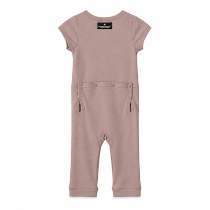 Modern Burlap organic short sleeve Explorer Back jumpsuit in Mauve, back studio view with snap opening