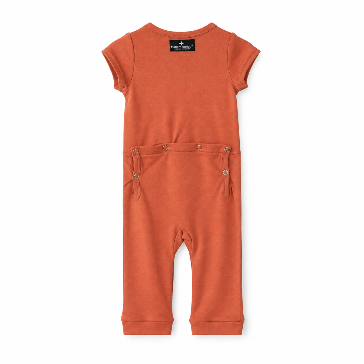 Modern Burlap organic short sleeve Explorer Back jumpsuit in Aragon, back studio view with snap opening
