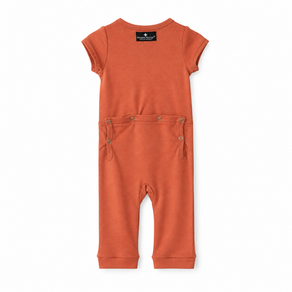 Modern Burlap organic short sleeve Explorer Back jumpsuit in Aragon, back studio view with snap opening
