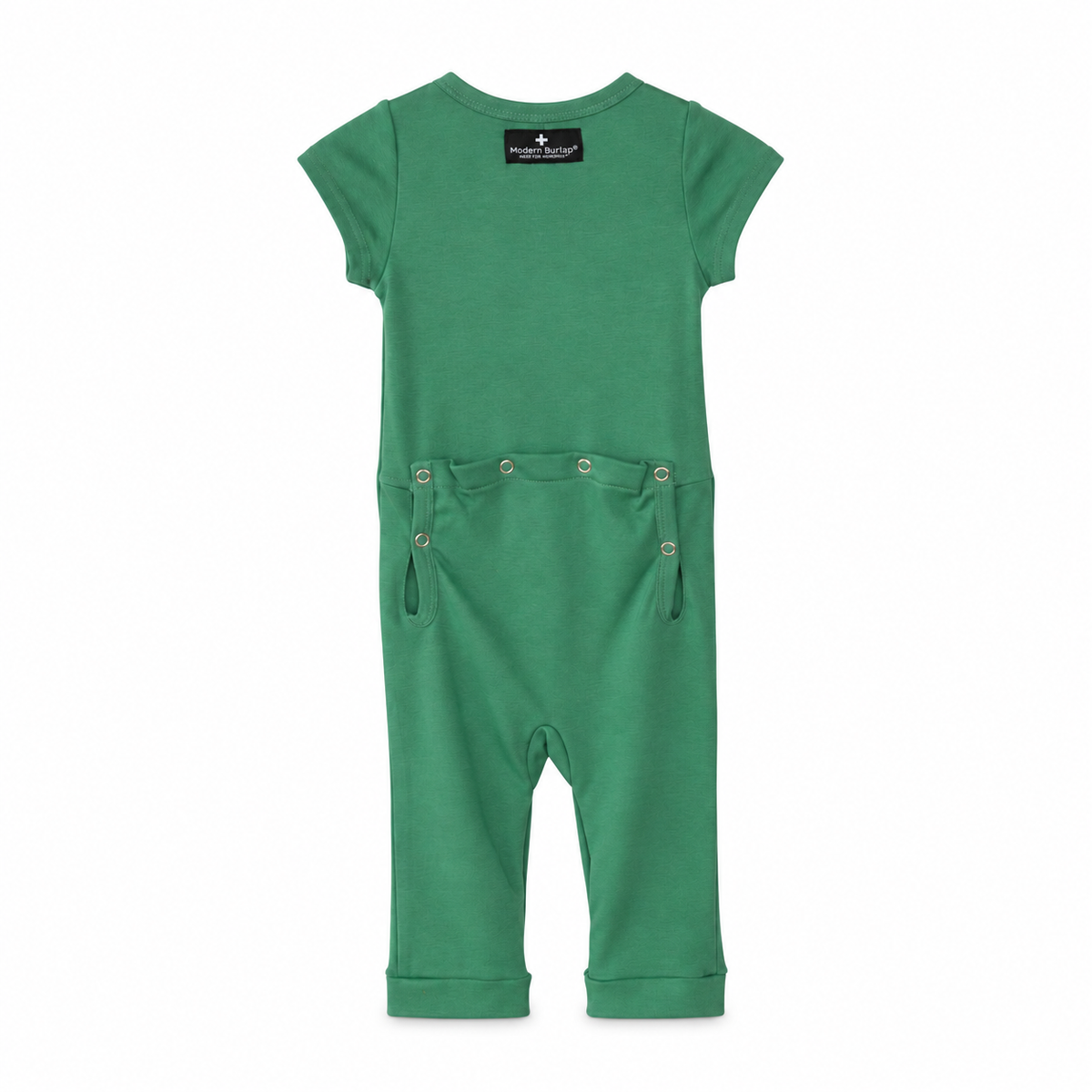 Modern Burlap organic short sleeve Explorer Back jumpsuit in Pine Green, back studio view with snap opening