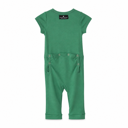 Modern Burlap organic short sleeve Explorer Back jumpsuit in Pine Green, back studio view with snap opening